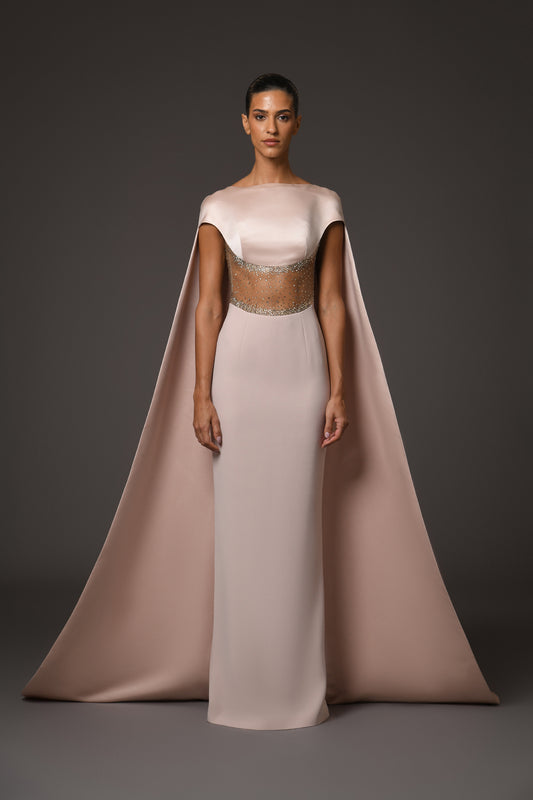 Nude Corseted Crêpe Dress with Cape