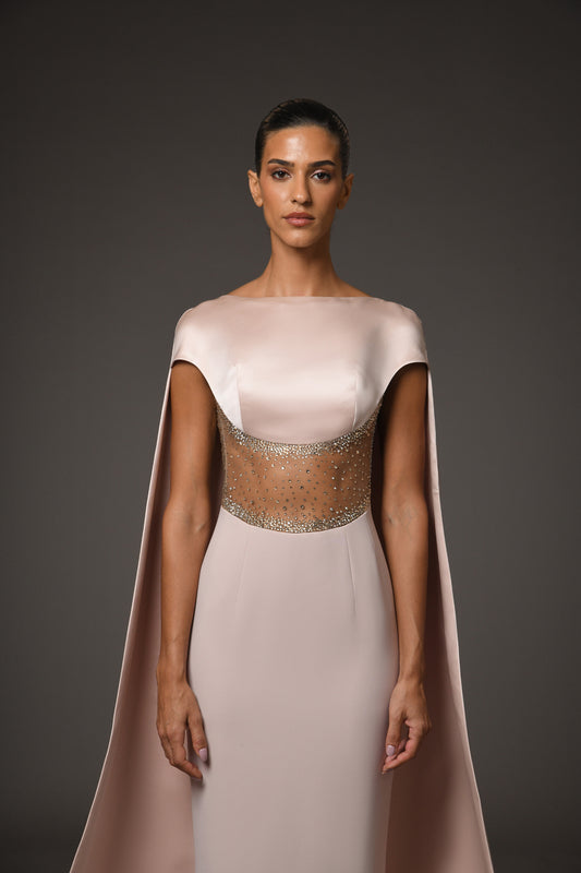 Nude Corseted Crêpe Dress with Cape