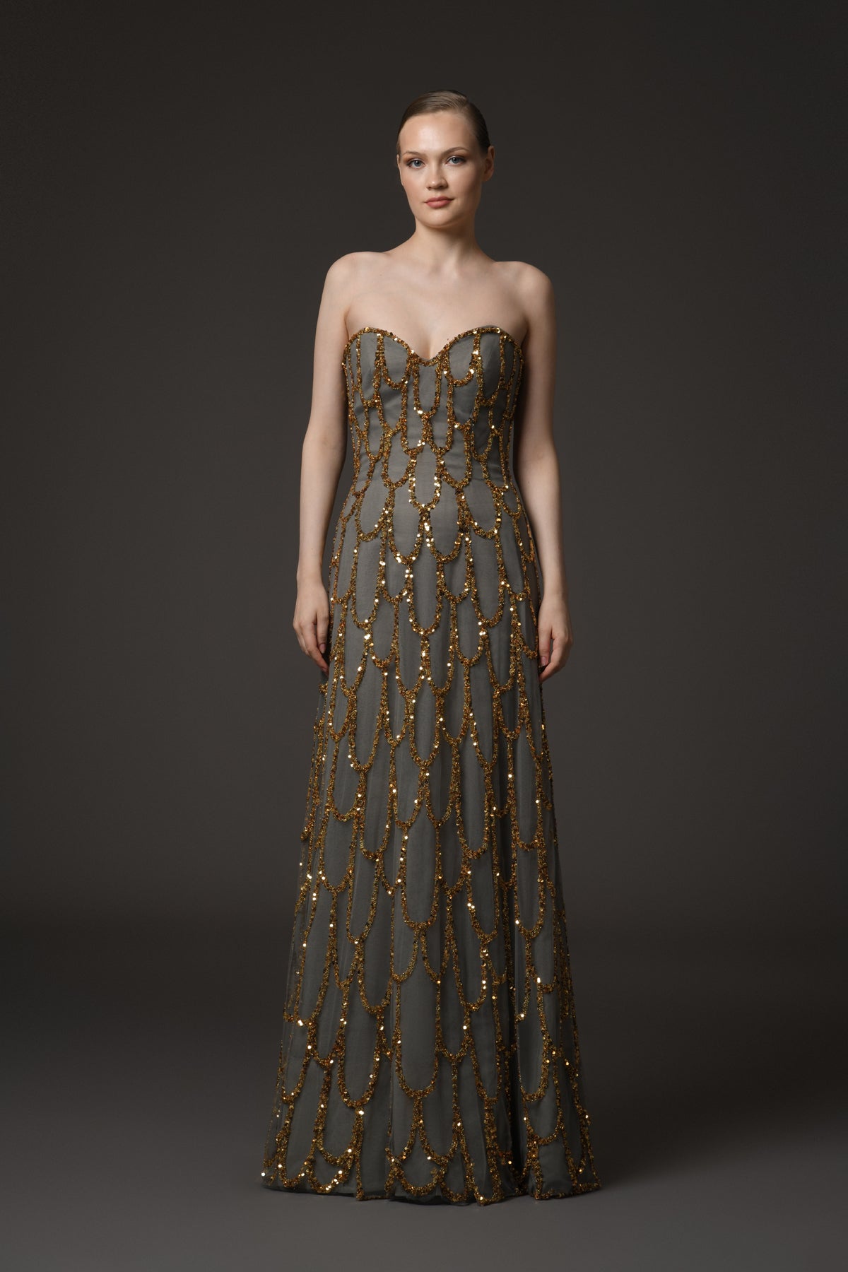Fully Embroidered Grey Tulle Dress