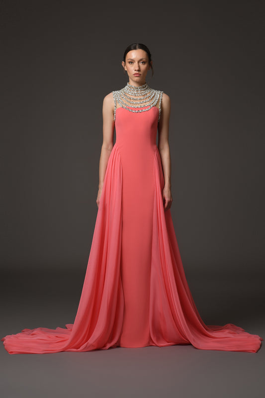 Coral Crêpe Dress with Chiffon Overskirt