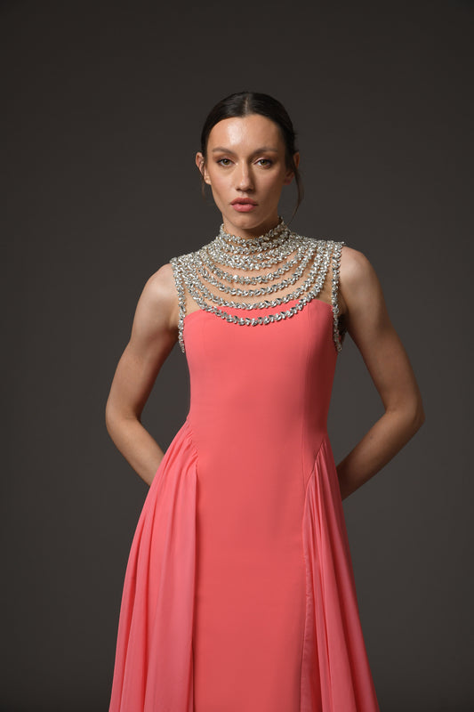 Coral Crêpe Dress with Chiffon Overskirt