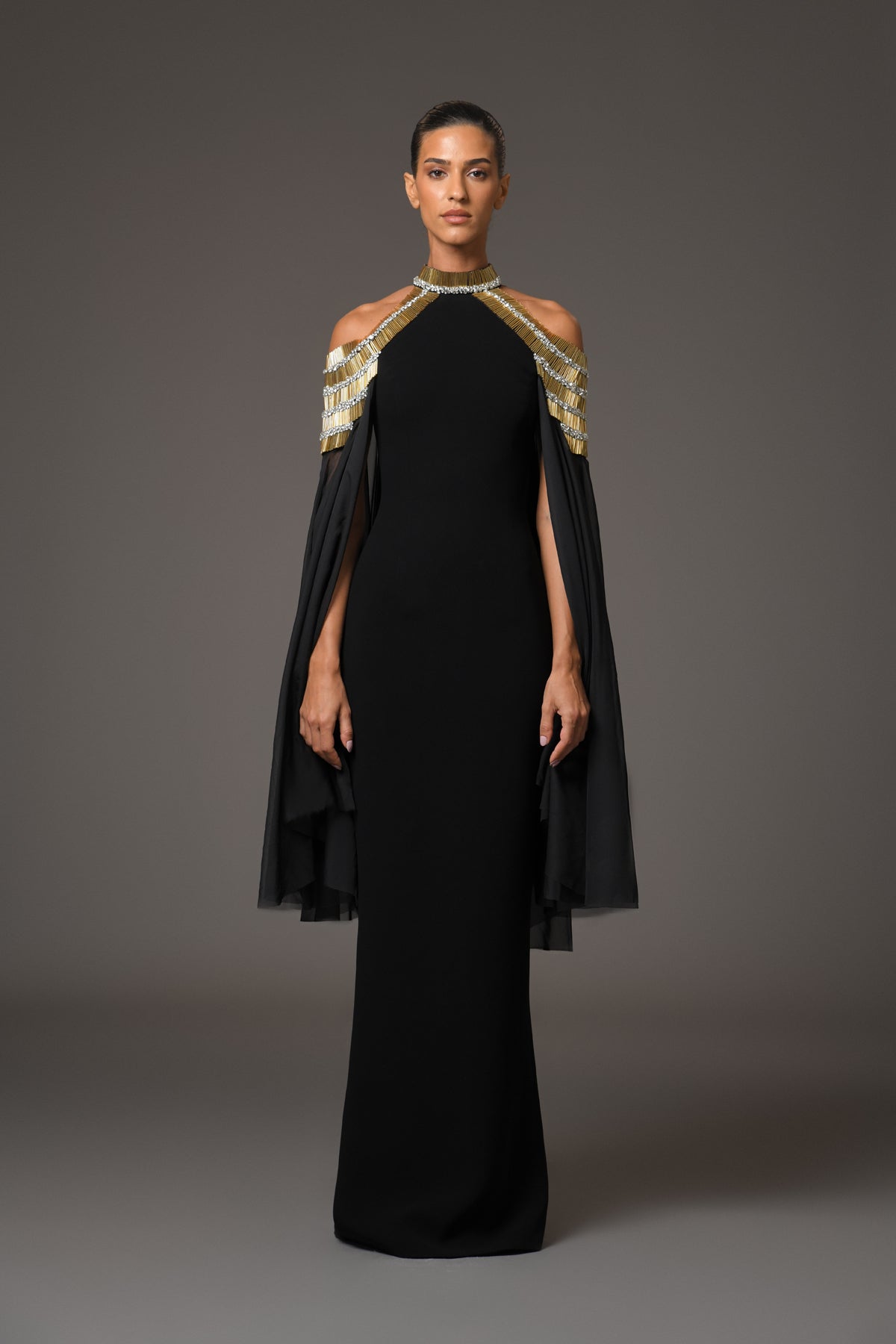 Black Crêpe Dress with Cape Sleeves