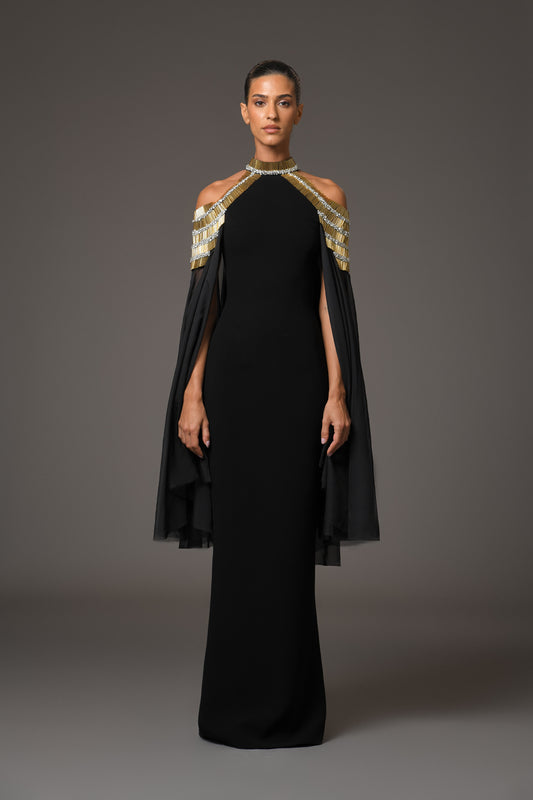 Black Crêpe Dress with Cape Sleeves