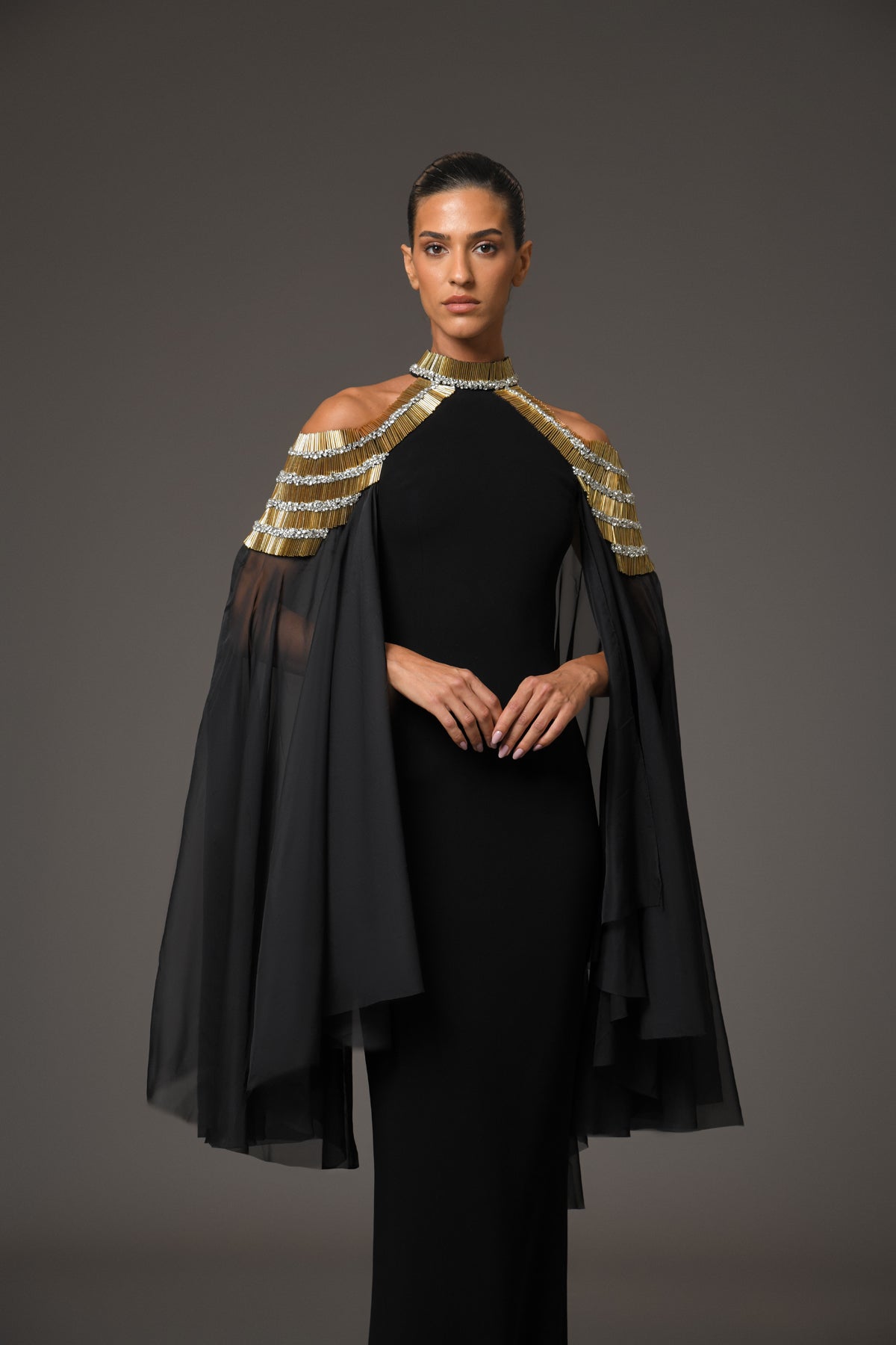 Black Crêpe Dress with Cape Sleeves