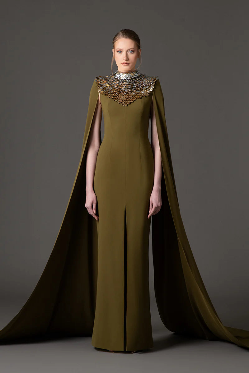 Olive Green Crêpe Dress with Cape Sleeves