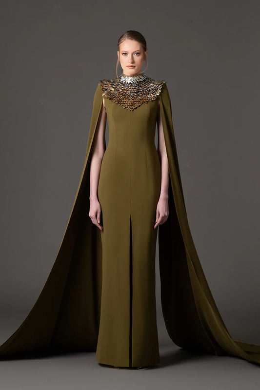 Olive Green Crêpe Dress with Cape Sleeves
