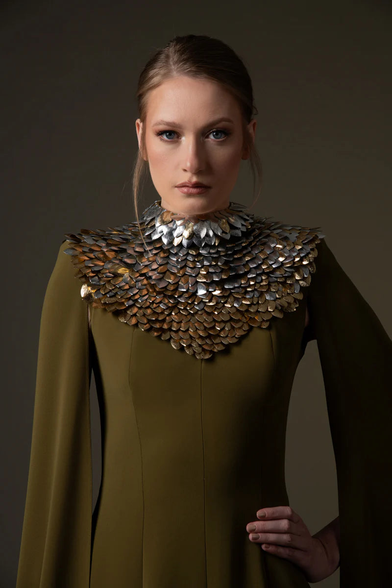 Olive Green Crêpe Dress with Cape Sleeves