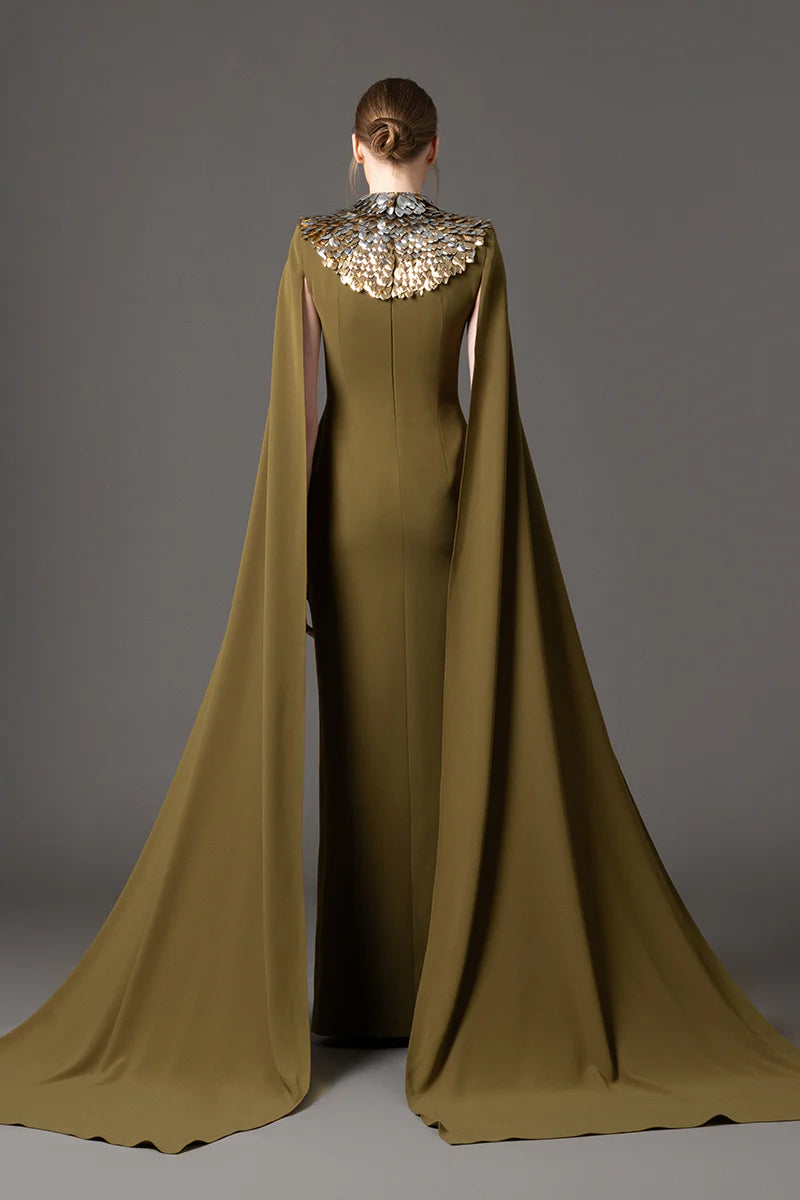 Olive Green Crêpe Dress with Cape Sleeves