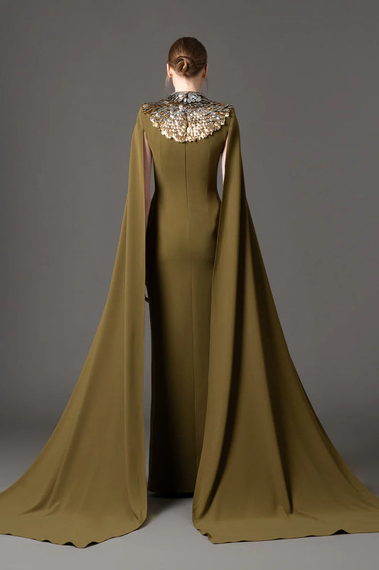 Olive Green Crêpe Dress with Cape Sleeves