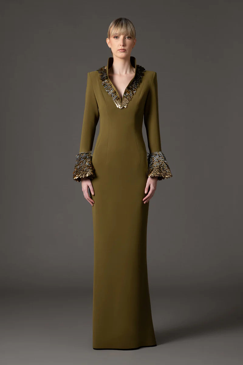 Olive Green Crêpe Dress with Bell Sleeves