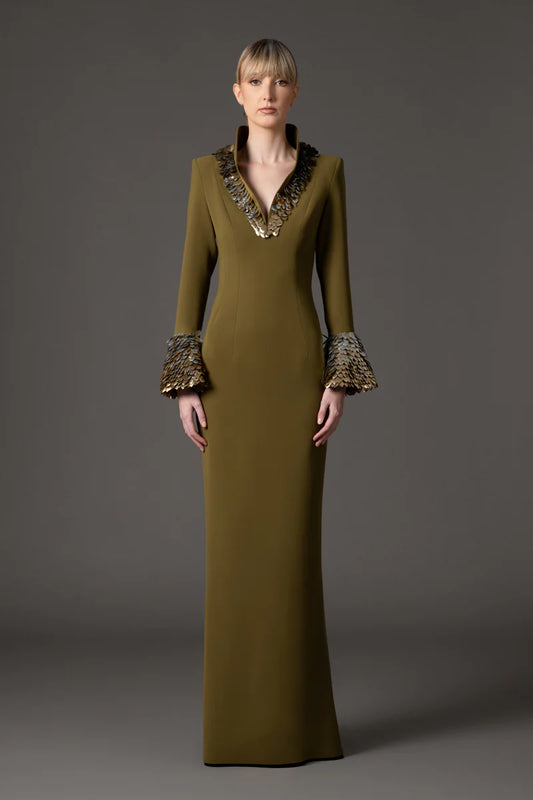 Olive Green Crêpe Dress with Bell Sleeves