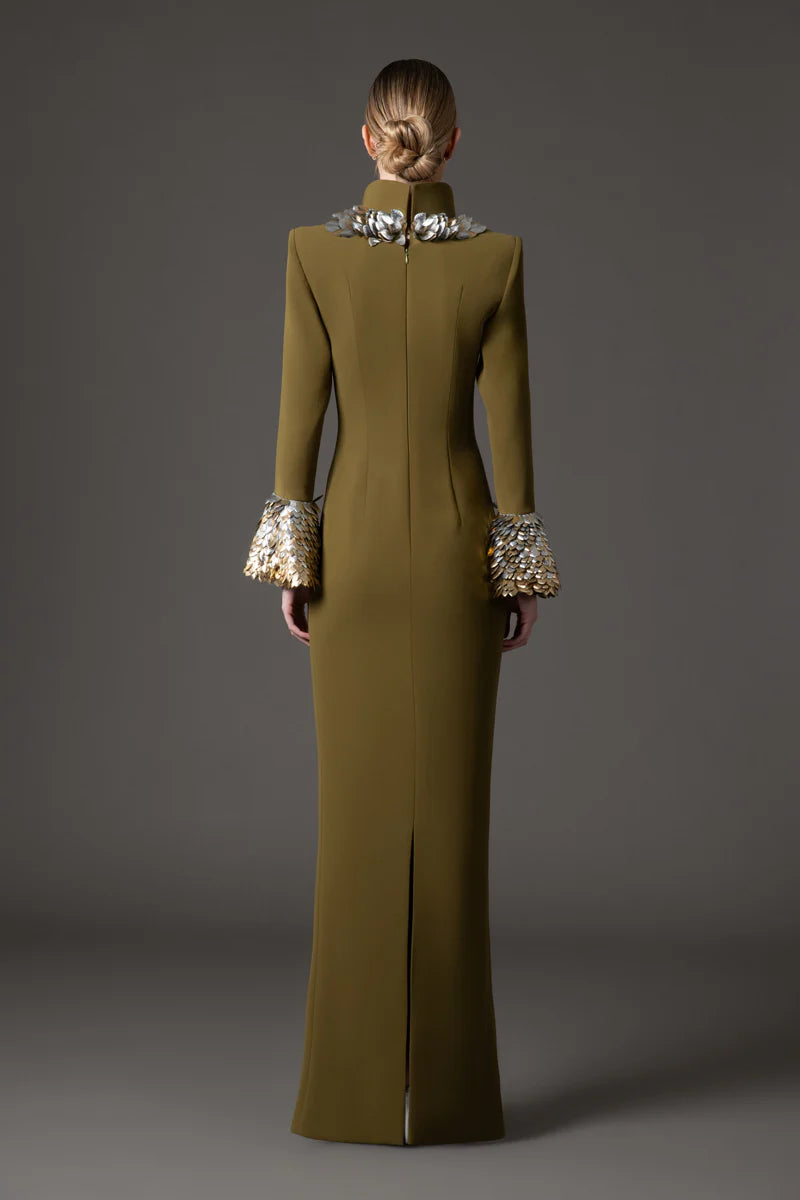 Olive Green Crêpe Dress with Bell Sleeves