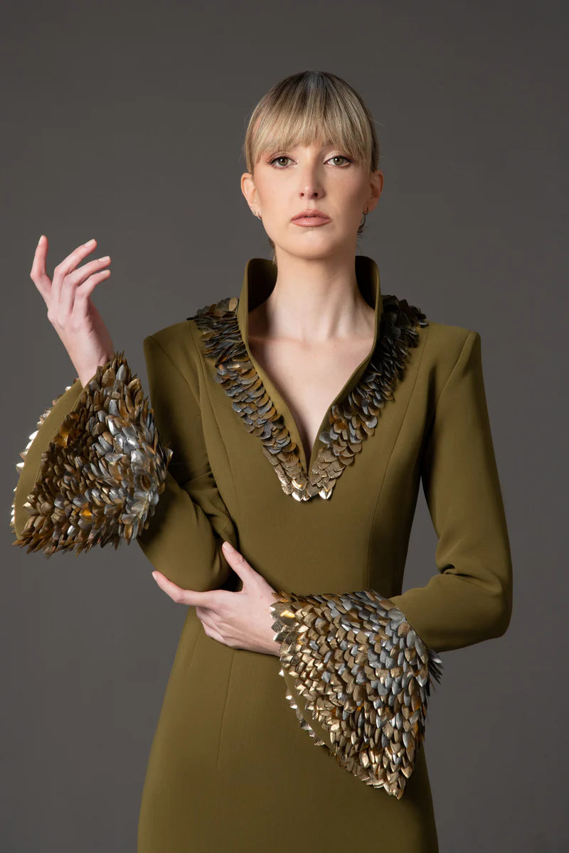 Olive Green Crêpe Dress with Bell Sleeves