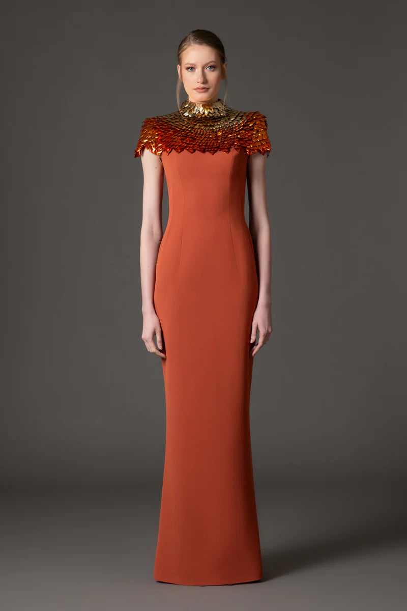 Burnt Brick Crêpe Dress with 3D Embellishment