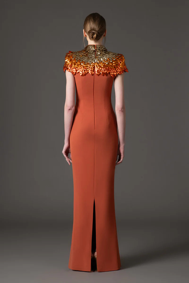 Burnt Brick Crêpe Dress with 3D Embellishment