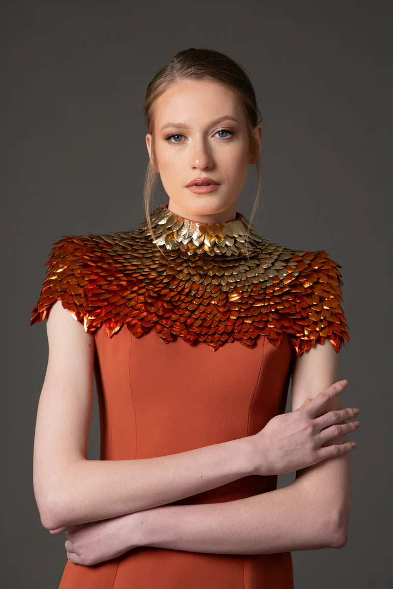 Burnt Brick Crêpe Dress with 3D Embellishment