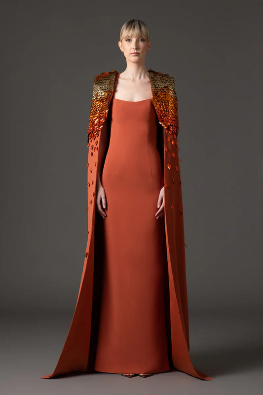 Burnt Brick Crêpe Dress with Cape
