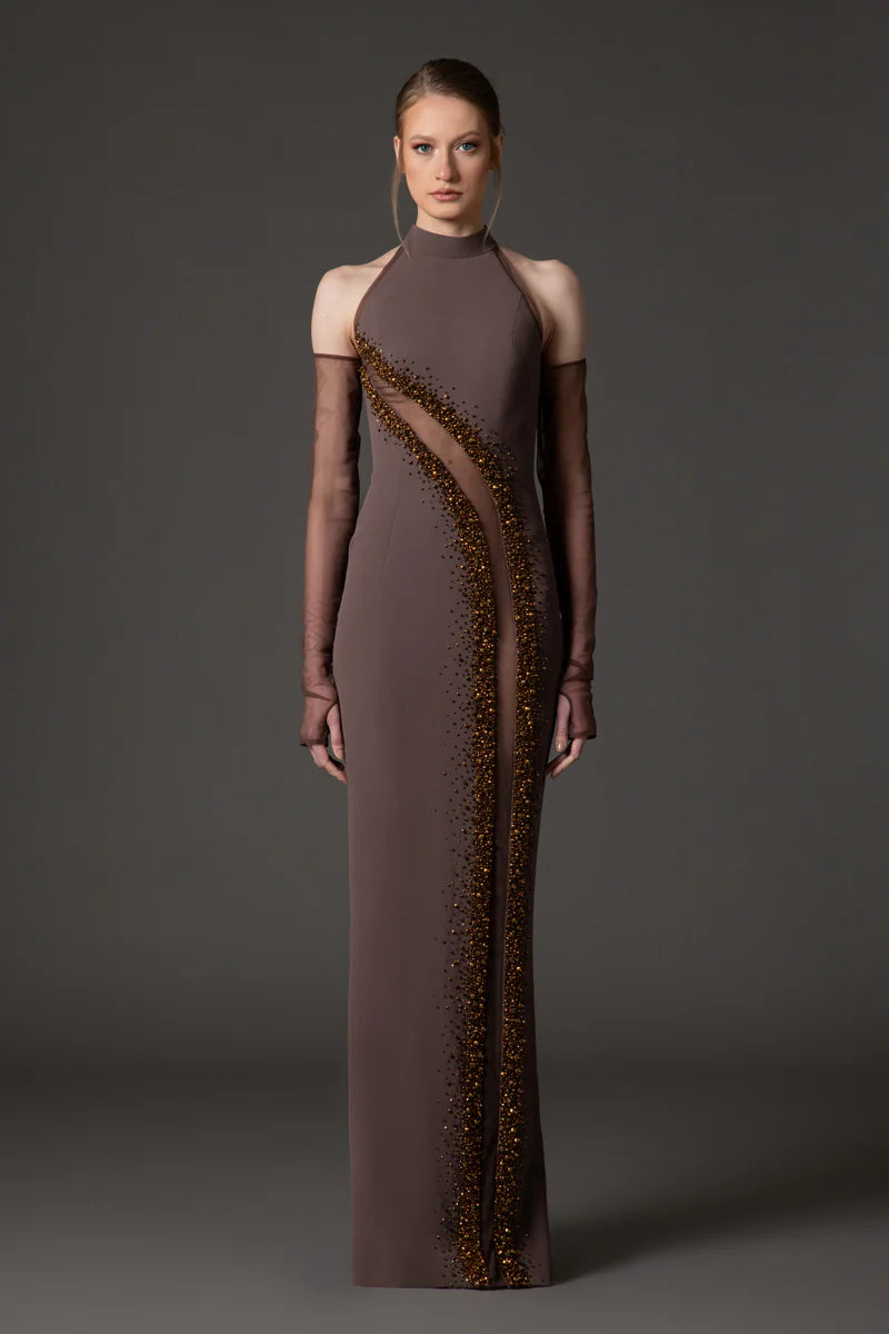 Halter Neck Coffee Brown Crêpe Dress