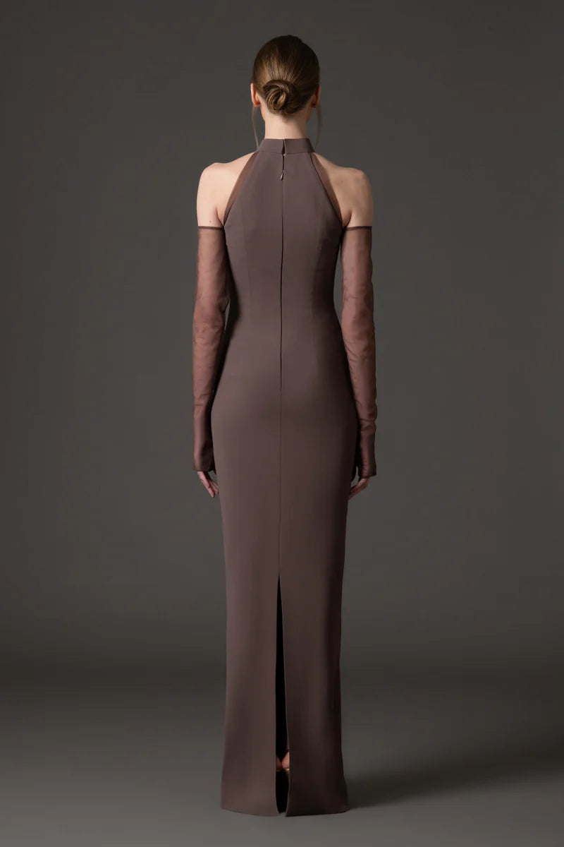 Halter Neck Coffee Brown Crêpe Dress