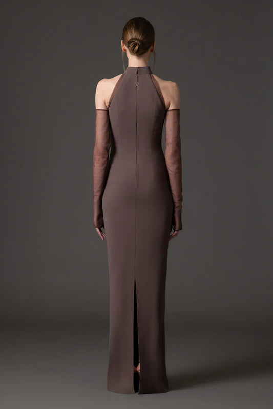 Halter Neck Coffee Brown Crêpe Dress