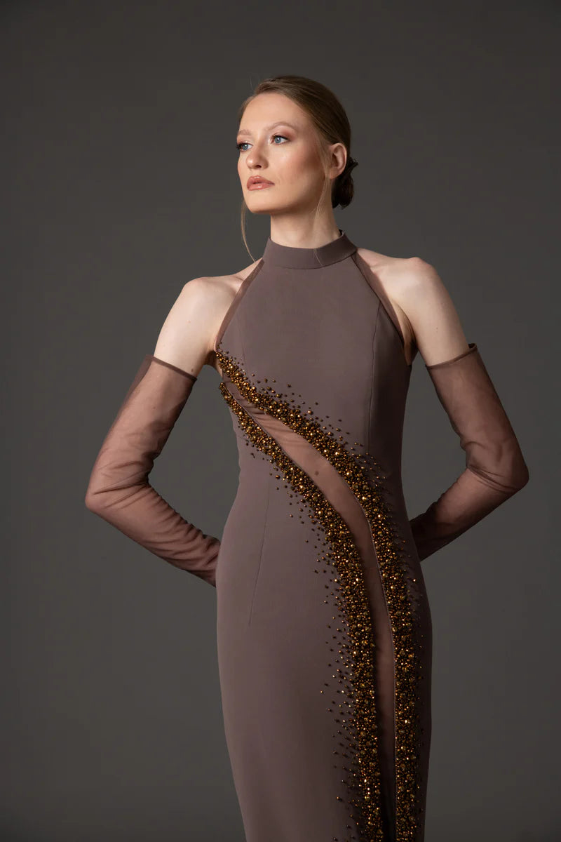 Halter Neck Coffee Brown Crêpe Dress