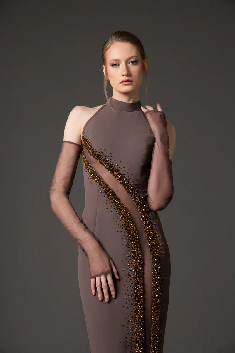 Halter Neck Coffee Brown Crêpe Dress