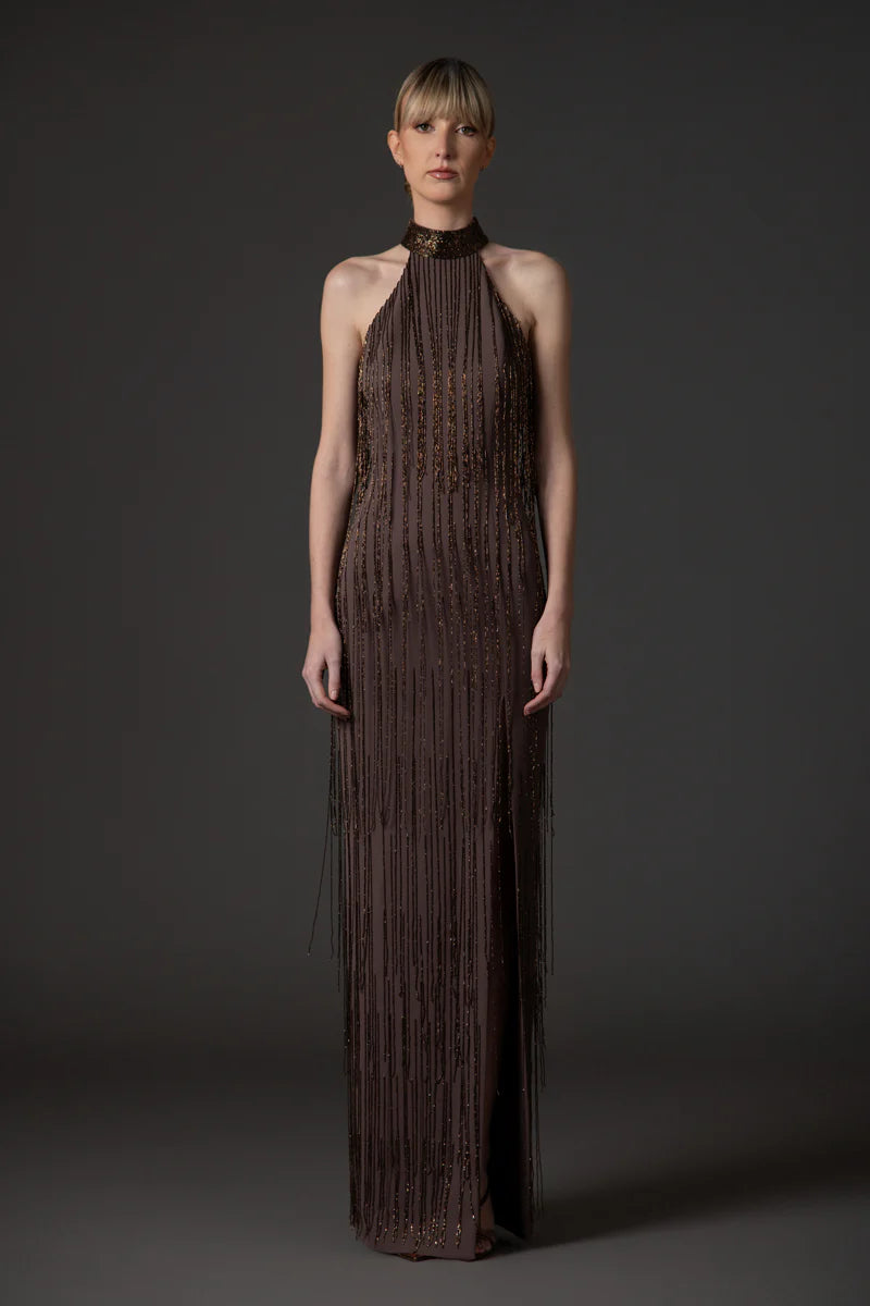 Halter Neck Coffee Brown Crêpe Dress