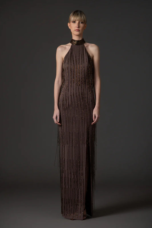 Halter Neck Coffee Brown Crêpe Dress