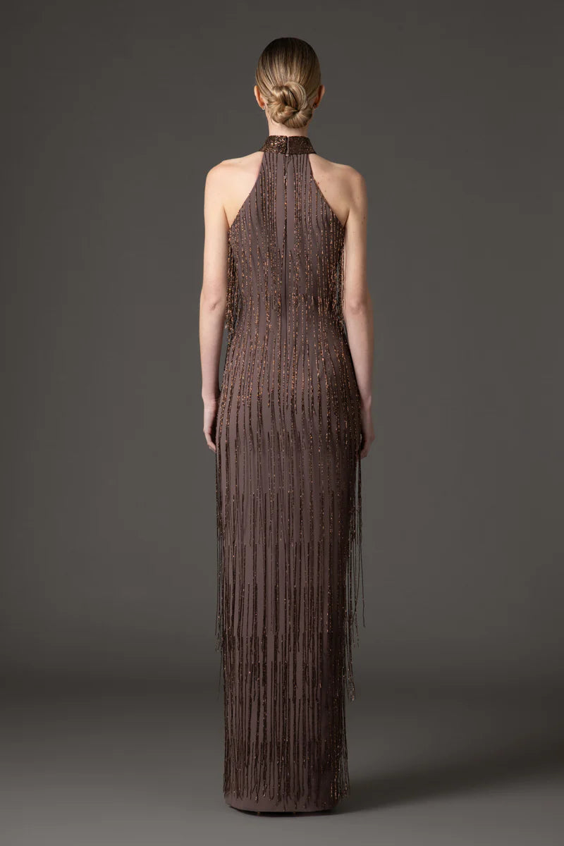 Halter Neck Coffee Brown Crêpe Dress