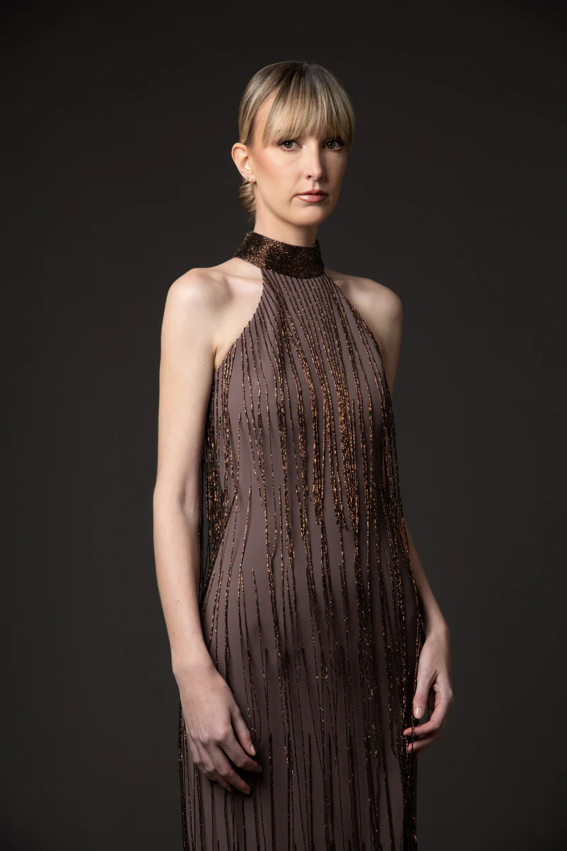 Halter Neck Coffee Brown Crêpe Dress