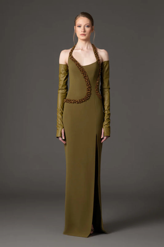 Olive Green Crêpe Dress with Embroidery