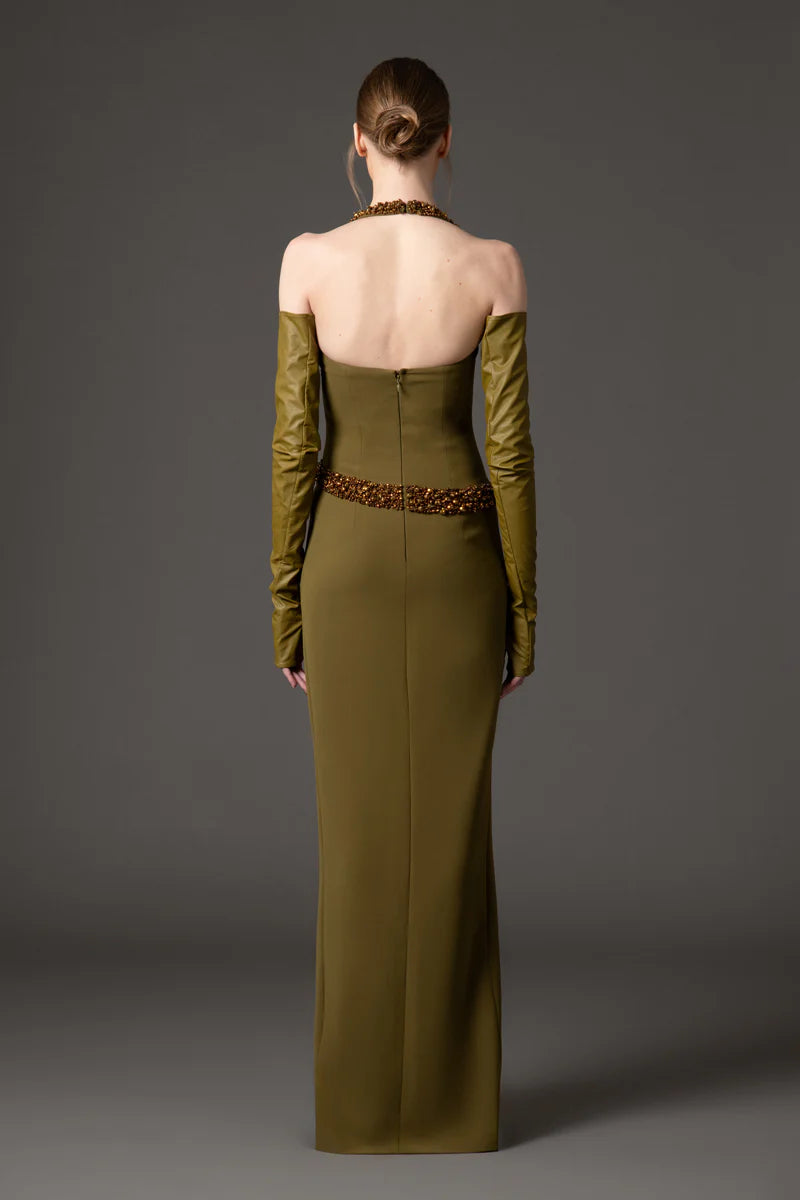 Olive Green Crêpe Dress with Embroidery