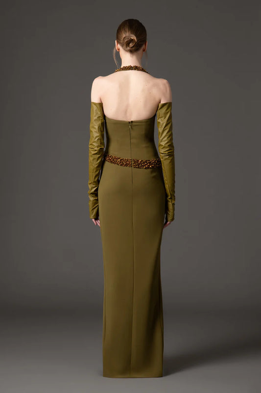 Olive Green Crêpe Dress with Embroidery