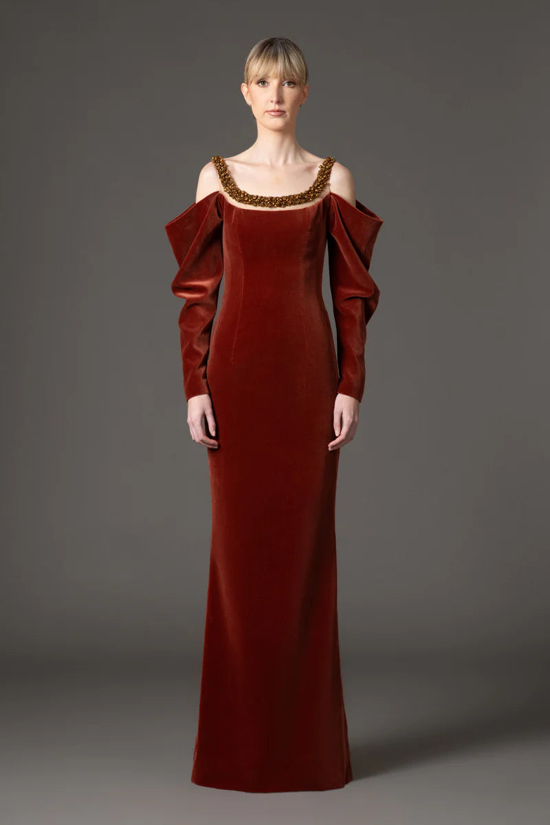 Burnt Brick Velvet Dress with Embroidery