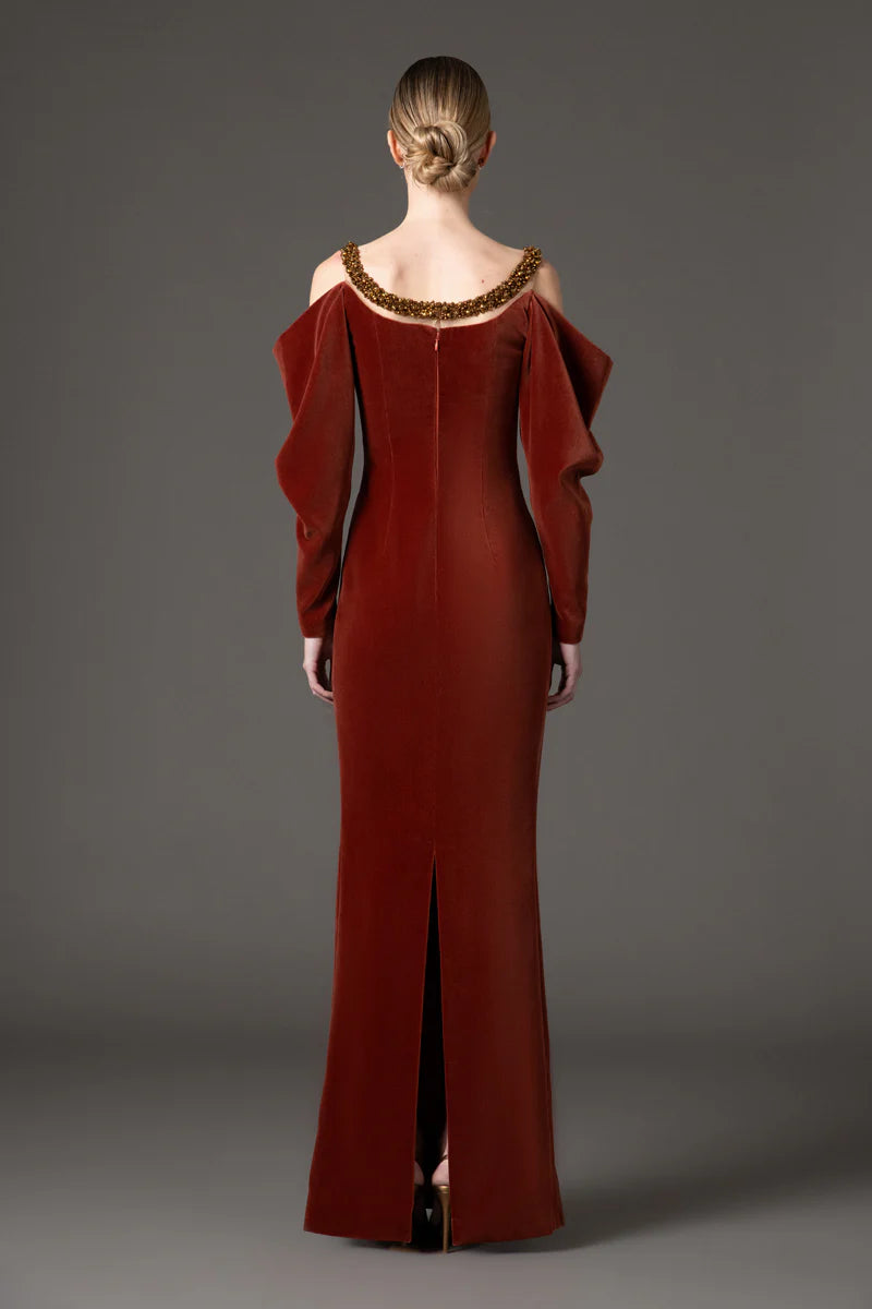 Burnt Brick Velvet Dress with Embroidery