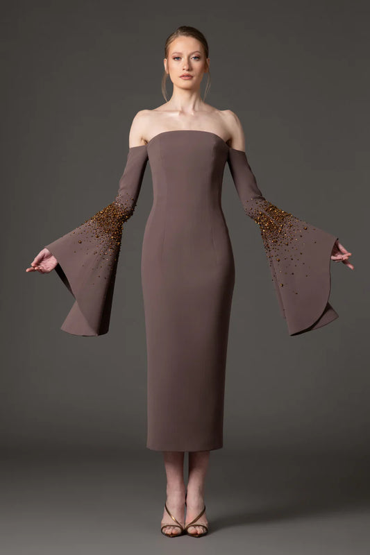 Embroidered Coffee Brown Midi Crêpe Dress