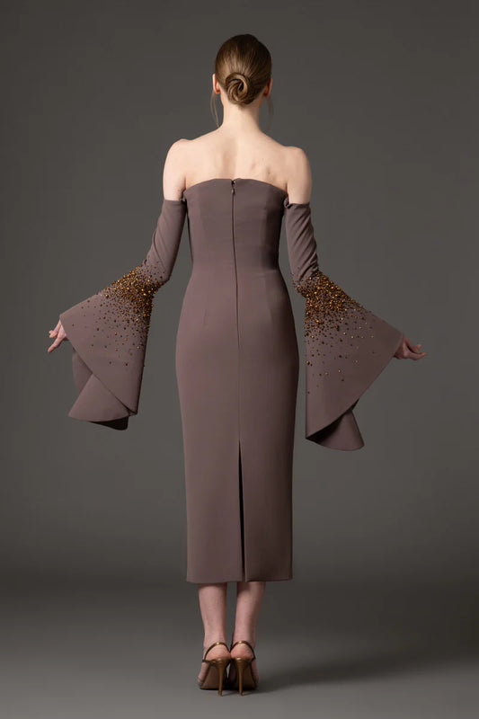 Embroidered Coffee Brown Midi Crêpe Dress