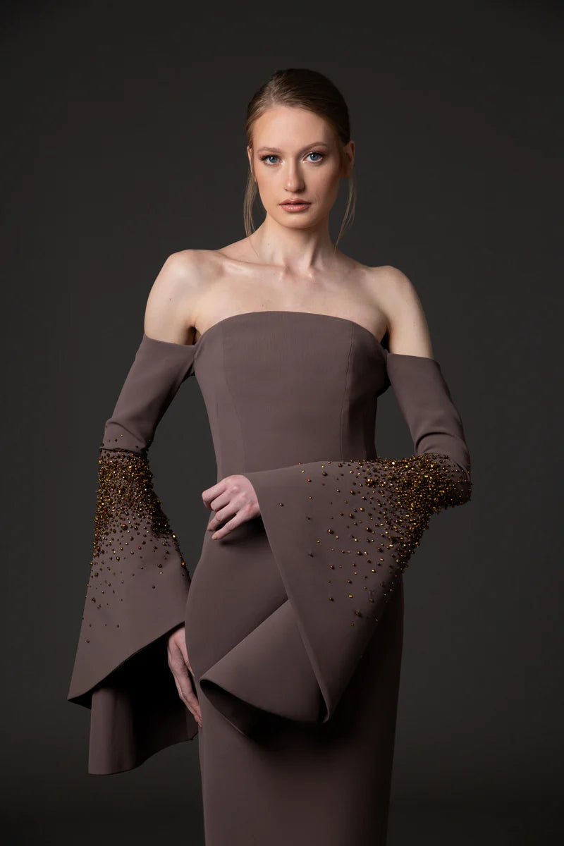 Embroidered Coffee Brown Midi Crêpe Dress