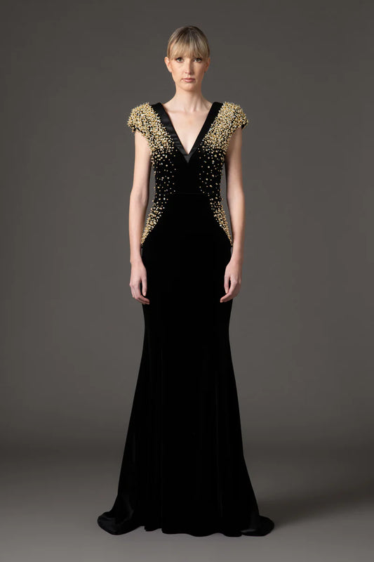 Black Velvet Dress with Gold Embroidery