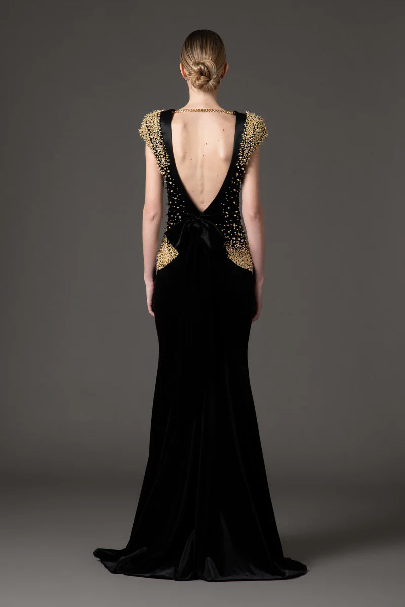 Black Velvet Dress with Gold Embroidery