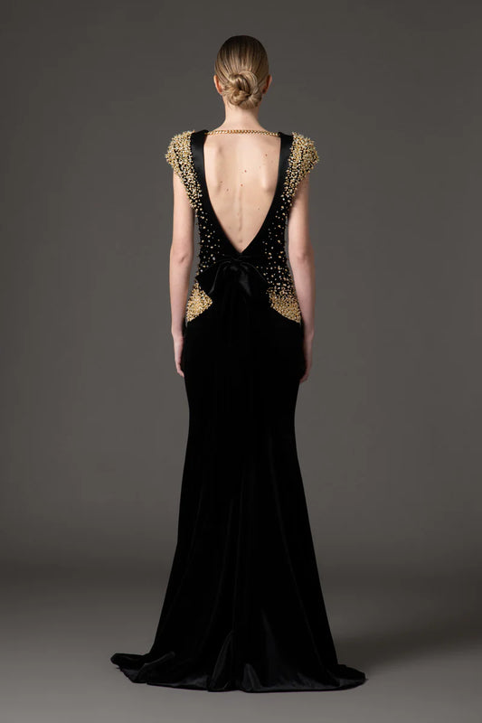 Black Velvet Dress with Gold Embroidery
