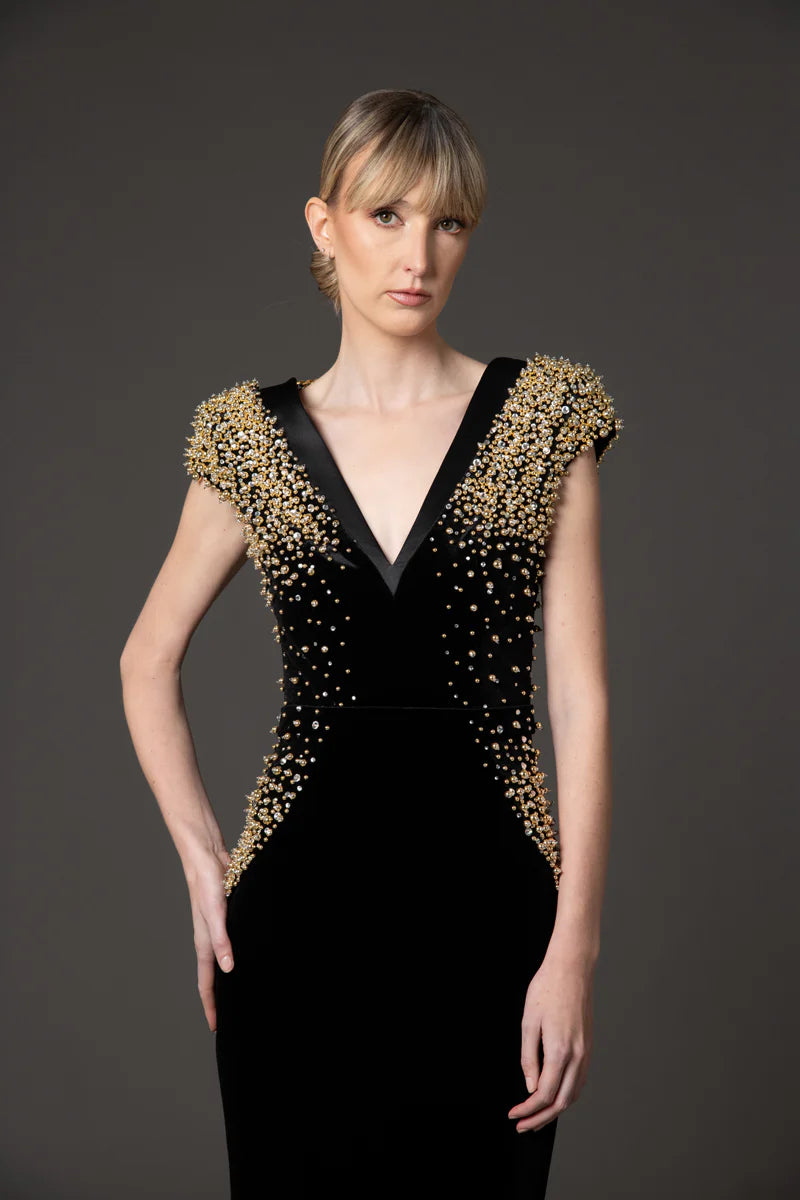 Black Velvet Dress with Gold Embroidery