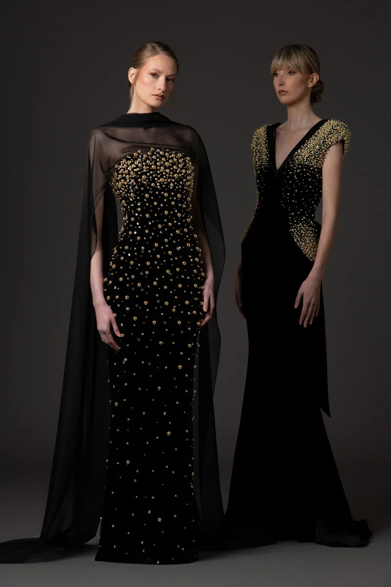 Velvet Black Dress with Chiffon Neck Scarf