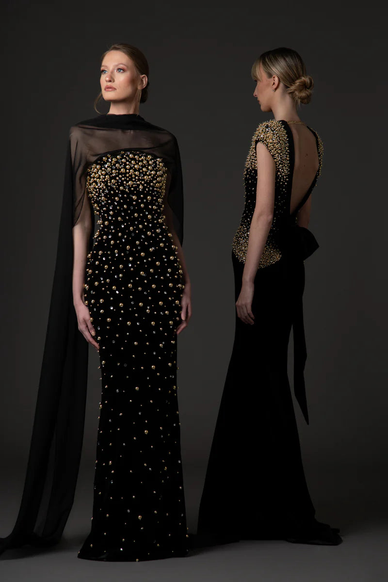 Black Velvet Dress with Gold Embroidery