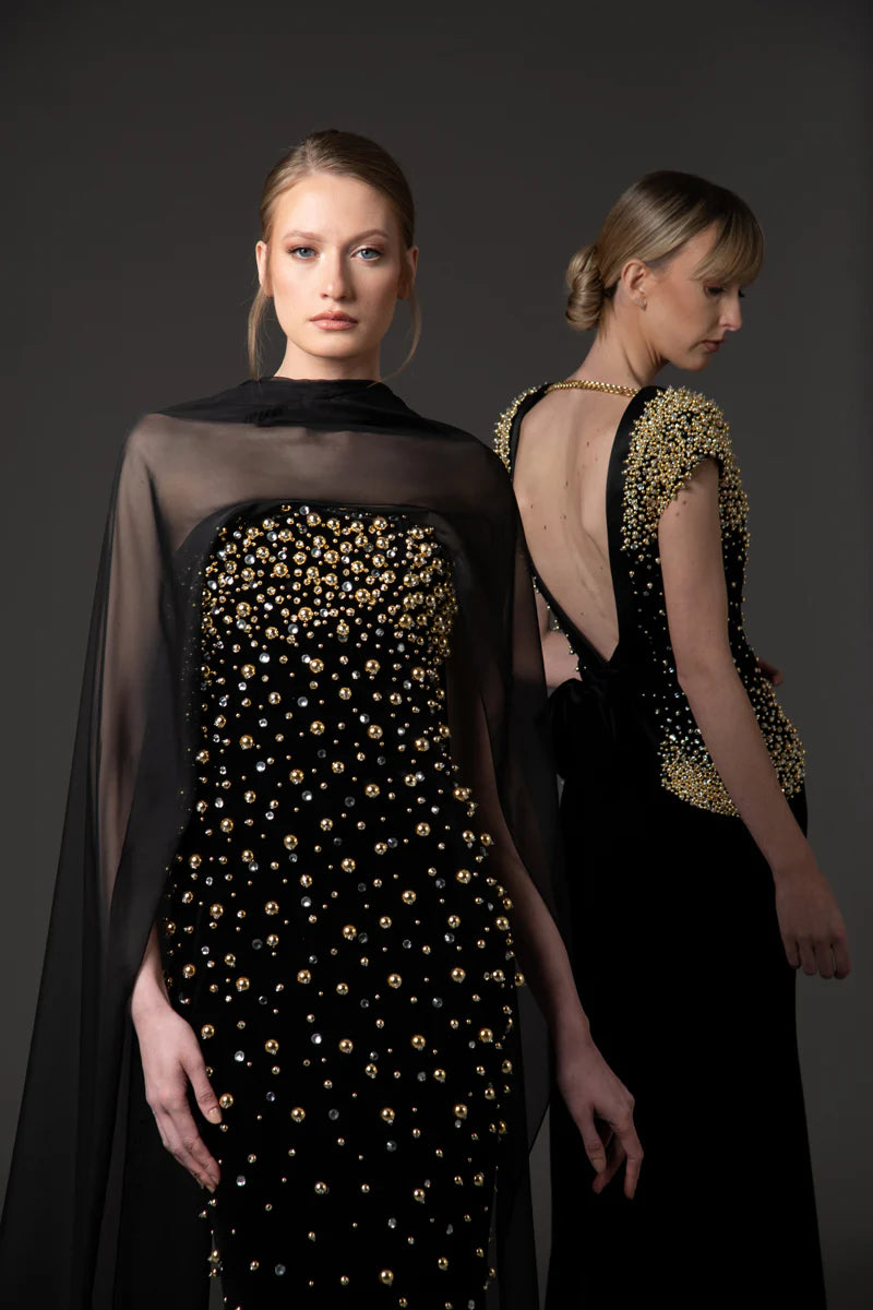 Velvet Black Dress with Chiffon Neck Scarf