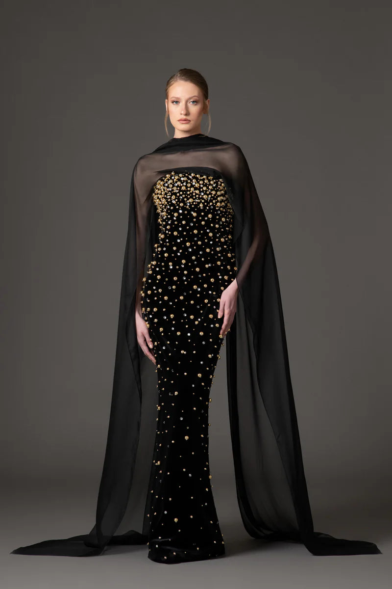 Velvet Black Dress with Chiffon Neck Scarf