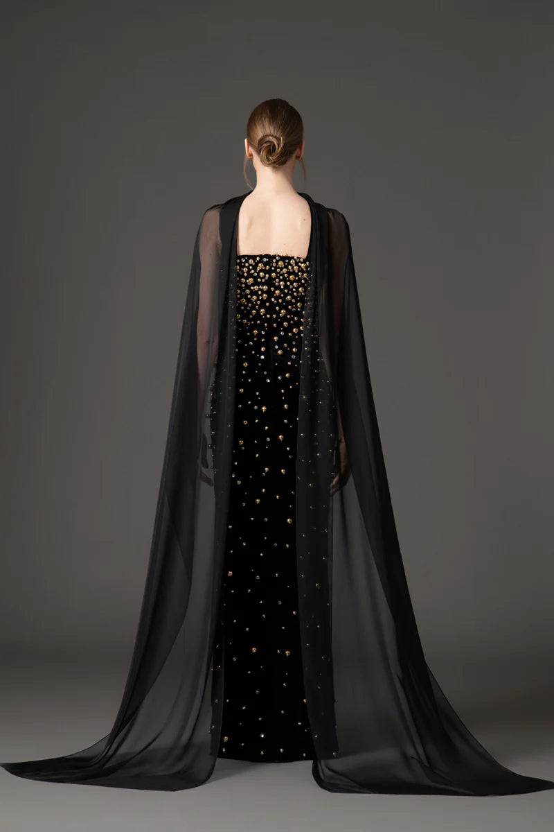Velvet Black Dress with Chiffon Neck Scarf