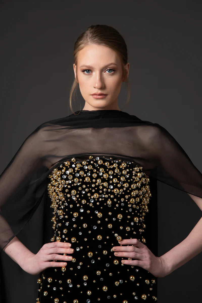 Velvet Black Dress with Chiffon Neck Scarf