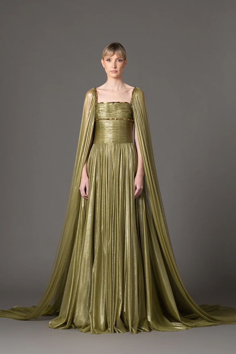 Draped Dress in Olive Green Silk Foiled Tulle