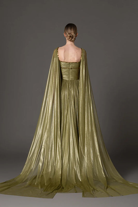 Draped Dress in Olive Green Silk Foiled Tulle